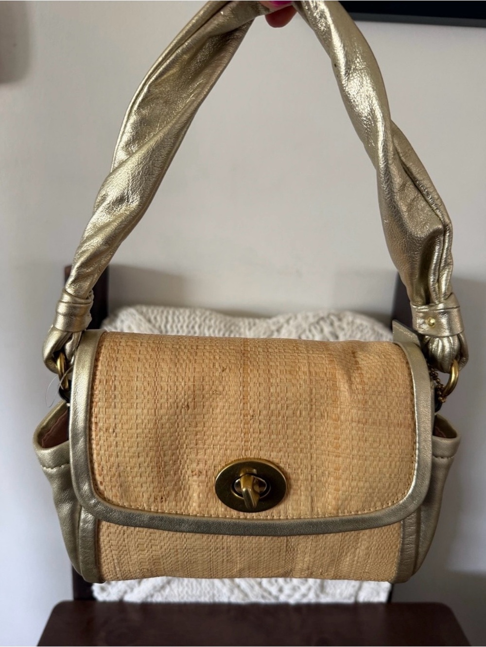 NWT COACH Gold-Trim Straw Shoulder Bag